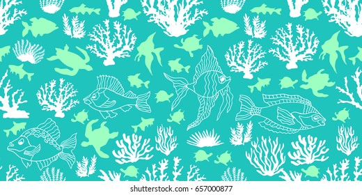 Magic blue lagoon. Seamless vector border with tropical motifs. Corals, fishes and tortillas on turquoise background. Beach textile collection.