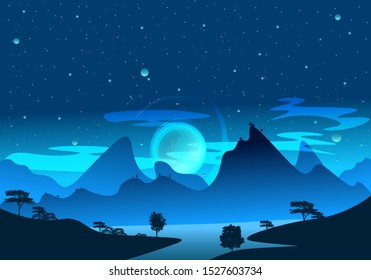 Magic blue and light art nature landscape illustration of a mountain lake in the morning. Fantasy sunrise and starry sky full of fog, mist and shadows.