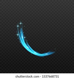Magic blue light trail in curve line motion with sparkling stars and glowing magical texture - bright glitter wave isolated on dark transparent background, vector illustration
