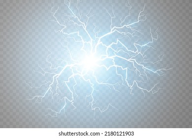 Magic blue lightning on a light transparent background. Bright lighting effects with a splash of light dust. Vector illustration
