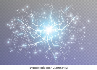 Magic blue lightning on a light transparent background. Bright lighting effects with a splash of light dust. Vector illustration
