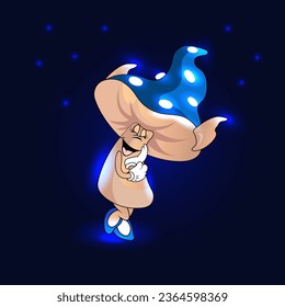 Magic blue mushroom, smiles sweetly and holds his hand near his face.