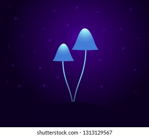 Magic blue mushrooms glowing in the dark. Vector illustration.