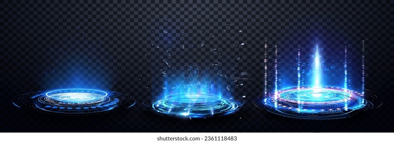 Magic blue portals on transparent background. 3d blue magic glow teleport platform with ring and hud beam, healing aura for game interface. Sky-fi digital hi-tech fui elements for presentation product