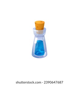 Magic blue potion flask. Vector isolated illustration of glass bottle with a corkwood plug and elixir inside. Witch poison jar gui game asset. Element for user menu interface power-up resource