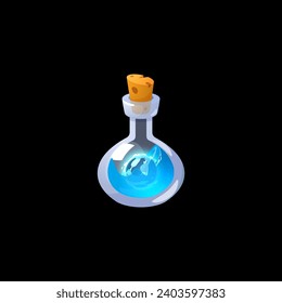 Magic blue potion flask vector illustration. Isolated glass rounded bottle with a corkwood plug and elixir inside. Witch poison gui game asset, alchemist apothecary vial for menu interface