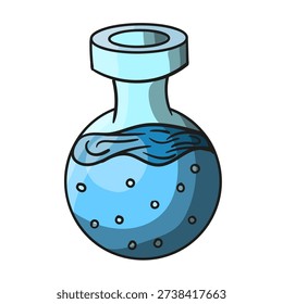 Magic blue potion in a round glass flask. Cartoon vector illustration of a laboratory bottle with liquid and bubbles, symbol of science and magic.