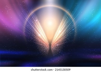 Magic blue and purple abstract vector illustration. Luxury background with leading lines from point in middle with brilliant glow of dots and round golden light effect frame for product presentation