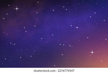 Magic blue purple galaxy. Horizontal space background with realistic nebula, stardust, shining stars. Infinite universe, starry night sky. Comet, meteor with light trail, falling asteroids, vector
