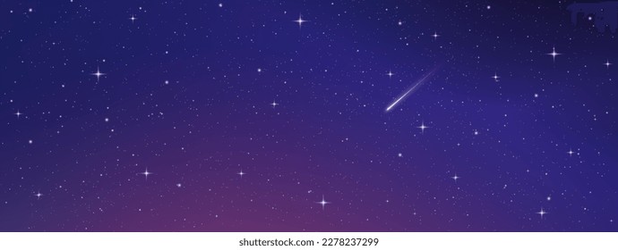 Magic blue purple galaxy. Horizontal space background with realistic nebula, stardust, shining stars. Infinite universe, starry night sky. Comet, meteor with light trail, falling asteroids, vector
