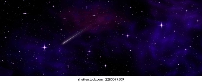 Magic blue purple galaxy. Horizontal space background with realistic nebula, stardust, shining stars. Infinite universe, starry night sky. Comet, meteor with light trail, falling asteroids, vector
