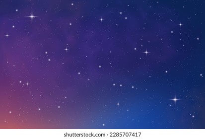 Magic blue purple galaxy. Infinite universe, starry night sky. Horizontal space background with realistic nebula, stardust, shining stars. Comet, meteor with light trail, falling asteroids, vector