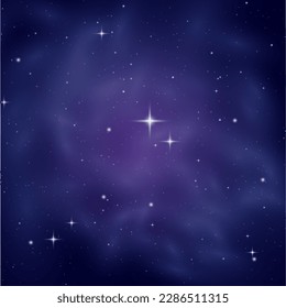 Magic blue purple galaxy. Infinite universe, starry night sky. Horizontal space background with realistic nebula, stardust, shining stars. Comet, meteor with light trail, falling asteroids, vector