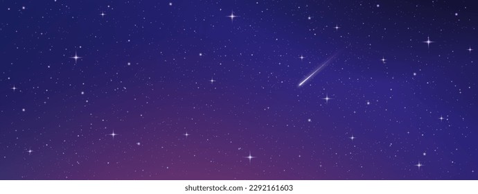 Magic blue purple galaxy. Infinite universe, starry night sky. Horizontal space background with realistic nebula, stardust, shining stars. Comet, meteor with light trail, falling asteroids, vector
