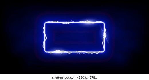 Magic blue rectangle of thunder storm blue lightnings. Magic and bright light effects electric border. Plasma frame with thunderbolt electricity lightning power effect on dark fog background.