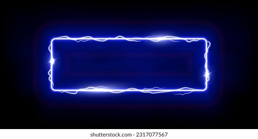 Magic blue rectangle of thunder storm blue lightnings. Magic and bright light effects electric border. Plasma frame with thunderbolt electricity lightning power effect on dark fog background.