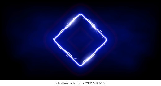 Magic blue rhombus of thunder storm blue lightnings. Magic and bright light effects electric border. Plasma frame with thunderbolt electricity lightning power effect on dark fog background.