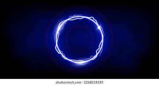 Magic blue ring of thunder storm blue lightnings. Magic and bright light effects electric circle. Round plasma frame with thunderbolt electricity lightning power effect on fog background.