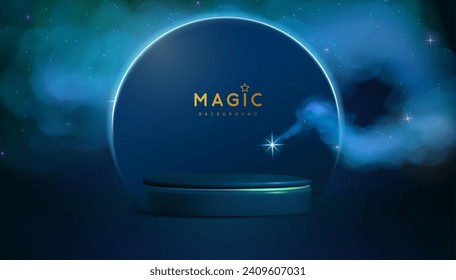 Magic blue showcase background with 3d podium and blue fog or steam. Glowing shiny trail. Vector illustration