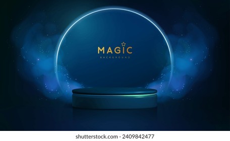 Magic blue showcase background with 3d podium and blue fog or steam. Glowing shiny trail. Vector illustration