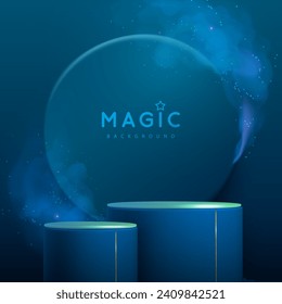 Magic blue showcase background with 3d podium and blue fog or steam. Glowing shiny trail. Vector illustration