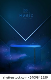 Magic blue showcase background with 3d podium and blue fog or steam. Glowing shiny trail. Vector illustration