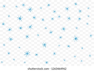Magic blue snowflakes vector design. Flying and falling snowballs abstract background. Holiday stars confetti original illustration. Doodle snowflakes banner. Winter stars isolated on transparent