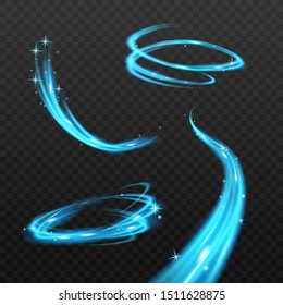 Magic Blue Sparkle Trail Set Isolated On Dark Background - Colorful Energy Flow Wave Collection With Realistic Glowing Texture And Swirl Wavy Motion - Vector Illustration.