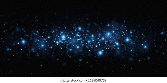 Magic blue sparks and stars shining with special light. Sparkling particles of space dust. Glittering lights isolated on a transparent background. Christmas concept.