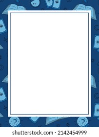 magic blue template frame of fortune-telling cards, books, potions, magic wand with an empty rectangle