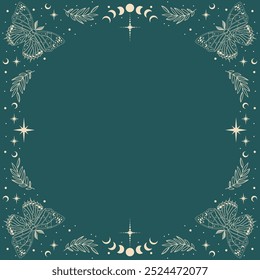 Magic blue vector frame with butterflies, plants, moon, stars. Mystic frame for tarot, esoteric, astrology design. Template for poster and prints.