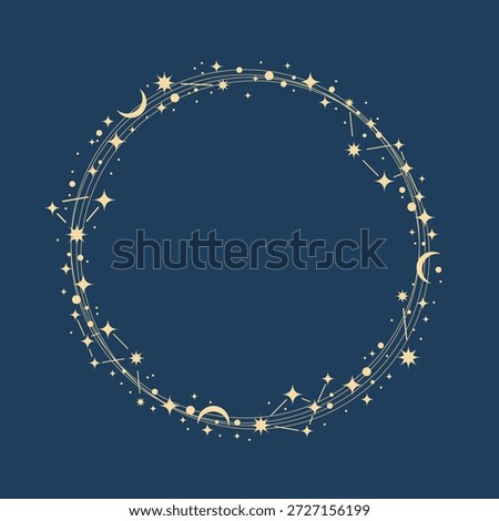 Magic blue vector frame with moon, stars. Mystic frame for tarot, esoteric, astrology design. Template for poster and prints.