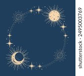 Magic blue vector frame with sun, moon, stars. Mystic frame for tarot, esoteric, astrology design. Template for poster and prints.