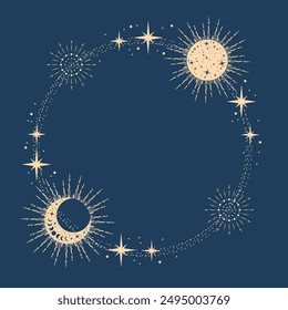 Magic blue vector frame with sun, moon, stars. Mystic frame for tarot, esoteric, astrology design. Template for poster and prints.