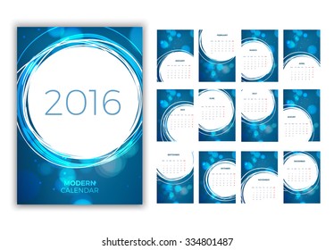 Magic blue Wall Monthly Calendar 2016. Vector Template.  Week Starts Monday. 12 Months Set.