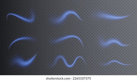Magic blue wind png festive isolated on transparent background. Neon comet png with sparkling stars and dust.