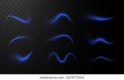 Magic blue wind png festive isolated on transparent background. Blue comet png with sparkling stars and dust.