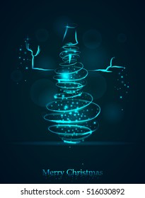 Magic  blue winter Snowman. Glowing spiral trace with shined dust. New Year & Christmas vector illustration.