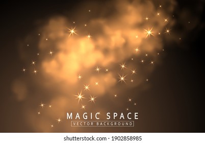 Magic blurred background. Golden effect of mist, fog, clouds, smoke and steam. Abstract sparkling space