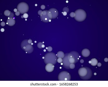 Magic blurred bokeh lights texture backdrop. White abstract snowflakes over dark blue background. Blurred bokeh lights flare effect round particles party banner backdrop