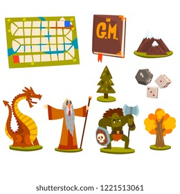 Magic board game elements set, fantastic fairytale characters, landscape elements, board game map vector Illustration on a white background