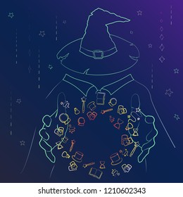 Magic board for halloween.
Minimalism in every subject. A set of accessories for Halloween. Sorcerer
wizard,necromancer.