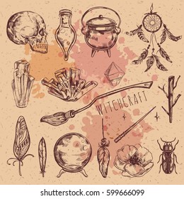 Magic bohemian collection. Vector hand drawn. Isolated on hand drawn craft paper background