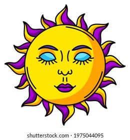 Magic bohemian sun. Mystic, alchemy, spirituality, tattoo art.