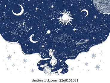 Magic boho banner for astrology, tarot, zodiac. Mystical witch girl with a fortune-telling ball on a space background with the moon and stars. Modern vector poster.