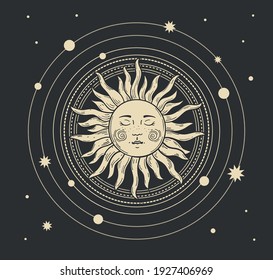 Magic boho card of the sun. Heavenly tattoo for astrology with the heavens and the stars. Bohemian hand drawing, vintage art for oriental design. Vector illustration.