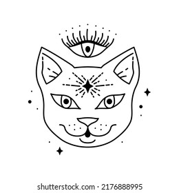 Magic boho cat symbol. Gypsy sacred element and sign in modern boho style. Golden minimal line art.