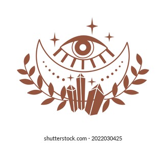 Magia boho luna creciente con ojo, hoja, estrella, cristal aislado en fondo blanco. Ilustración plana vectorial celestial. Diseño místico para tatuajes, tarjetas, historias web