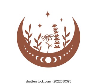 Magic boho crescent moon with flowers, herb, star isolated on white background. Celestial vector flat illustration. Mystical design for tattoo, card, web stories