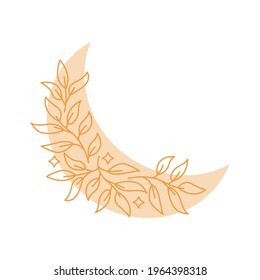 Magia boho luna creciente con hojas, estrellas aisladas en fondo blanco. Ilustración vectorial. Elementos decorativos de boho para tatuajes, tarjetas de felicitación, invitaciones, bodas